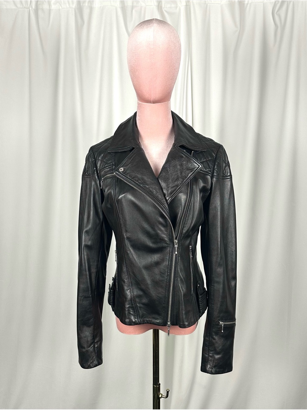 Danier Black Lambskin Leather Quilted Moto Jacket Small